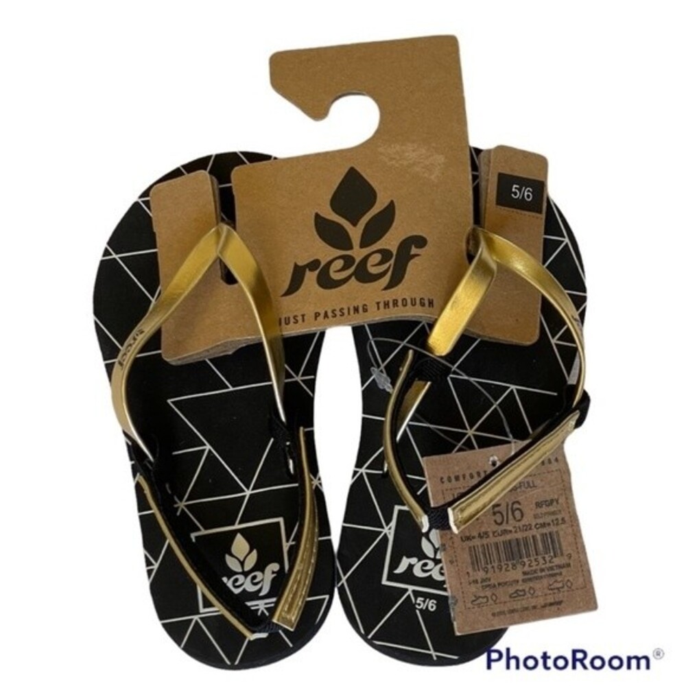 Reef Bliss-ful Baby Toddler Sandals Flip Flops Black Gold Strap - NWT